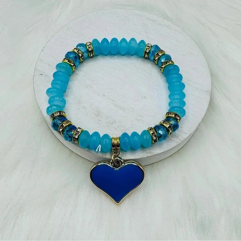 Blue Beaded Bracelet Heart Pendant Bracelet